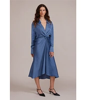 Lucy Paris Ruche Paige V Neck Long Sleeve Twist Front Midi Dress