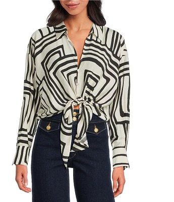 Lucy Paris Rue Geometric Print Collared V-Neck Tie Front Button Front Coordinating Top