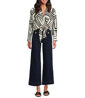Lucy Paris Rue Geometric Print Collared V-Neck Tie Front Button Front Coordinating Top