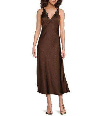 Lucy Paris Satin Lace V-Neck Sleeveless Maxi Dress