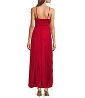 Lucy Paris Satin V-Neck Sleeveless Pleated Maxi Dress