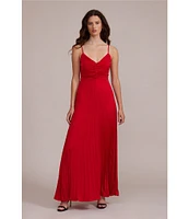 Lucy Paris Satin V-Neck Sleeveless Pleated Maxi Dress