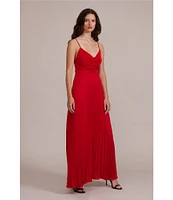 Lucy Paris Satin V-Neck Sleeveless Pleated Maxi Dress