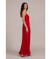 Lucy Paris Satin V-Neck Sleeveless Pleated Maxi Dress