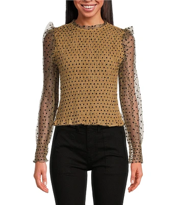 Lucy Paris Tasha Mesh Dotted Print Smocked Mock Neck Long Sleeve Top