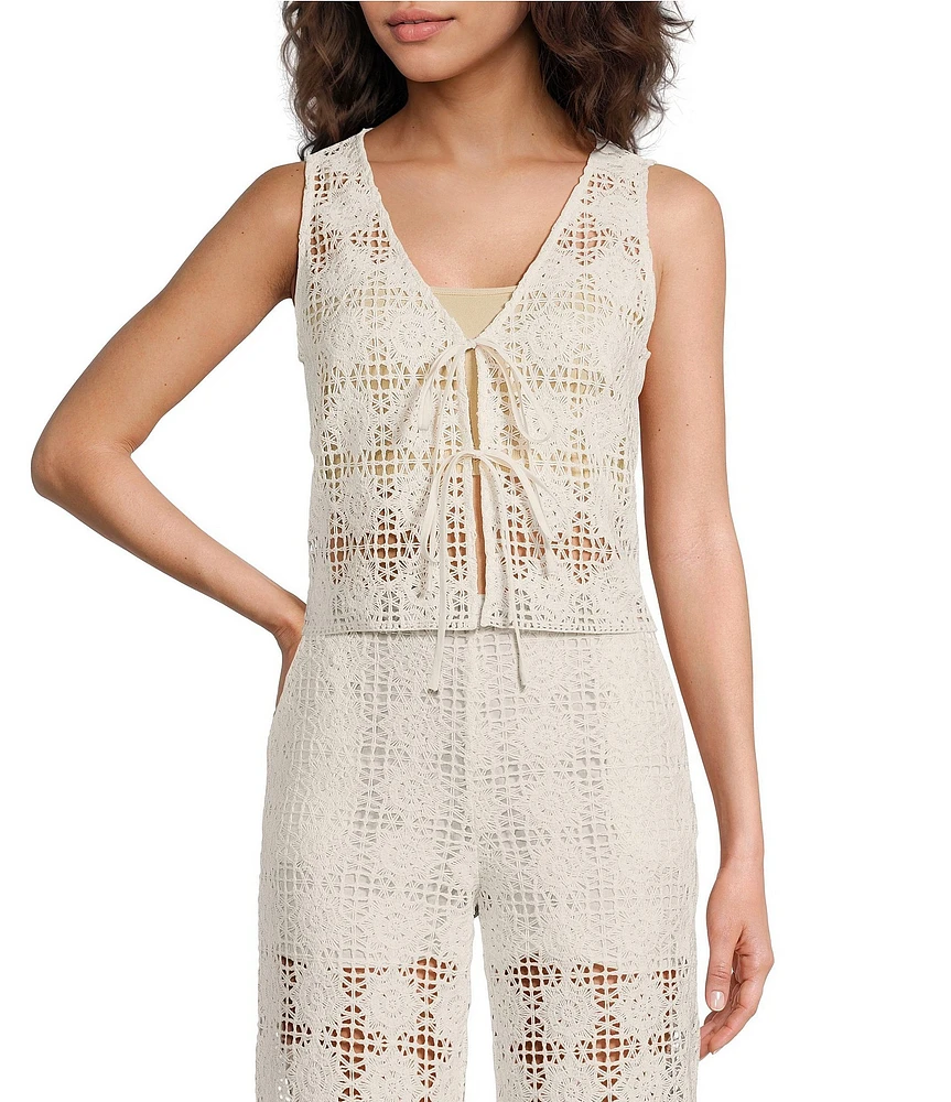 Lucy Paris Woven Crochet Harper V-Neck Front Tie Fitted Coordinating Top