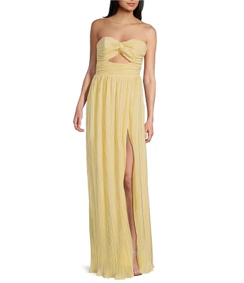 Lulus Majestic Strapless Cut-out Satin Plisse Maxi Dress