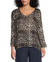 M Made In Italy Animal Print Leopard V-Neck Long Sleeve Knit Top