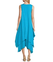 M Made in Italy Cotton Gauze V-Neck Sleeveless Layered Ruched Drawstring Midi A-Line Dress