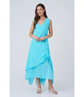 M Made in Italy Cotton Gauze V-Neck Sleeveless Layered Ruched Drawstring Midi A-Line Dress