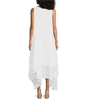M Made in Italy Cotton Gauze V-Neck Sleeveless Layered Ruched Drawstring Midi A-Line Dress