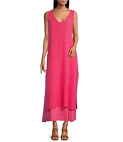 M Made in Italy Cotton Linen Blend V-Neck Sleeveless Hi-Low Dress