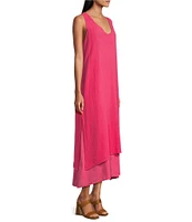 M Made in Italy Cotton Linen Blend V-Neck Sleeveless Hi-Low Dress