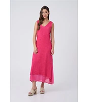 M Made in Italy Cotton Linen Blend V-Neck Sleeveless Hi-Low Dress
