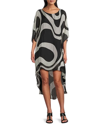 M Made in Italy Crew Neck Elbow Sleeve Silky High-Lo Midi Dress
