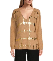 M Made In Italy Foil Print V-Neck Long Sleeve Ribbed Sweater