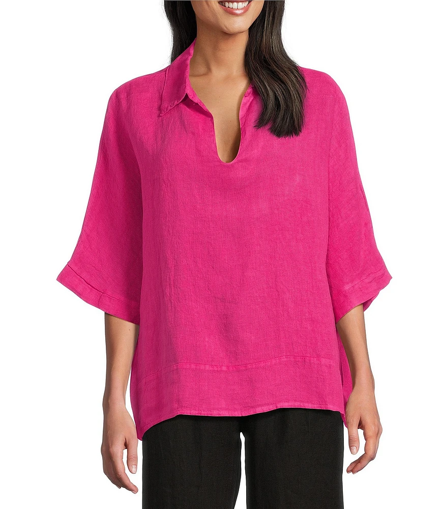 M Made in Italy Johnny Collar Neck 3/4 Sleeve Linen Blouse