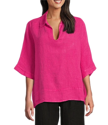 M Made in Italy Johnny Collar Neck 3/4 Sleeve Linen Blouse