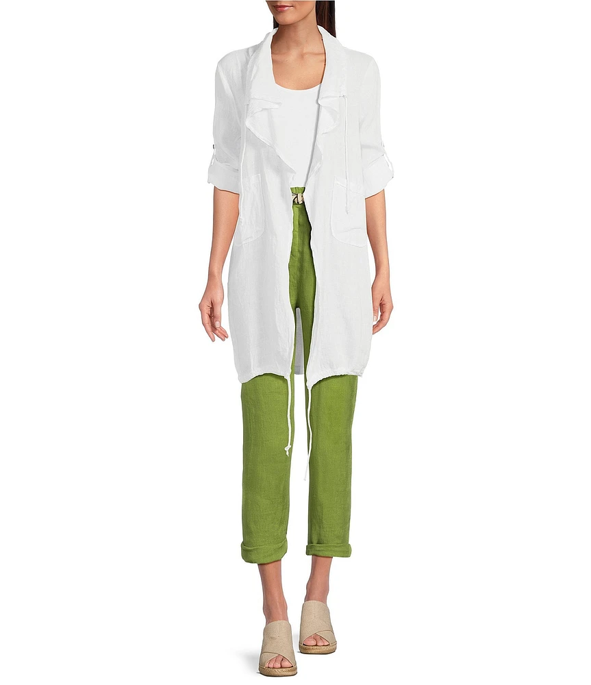 M Made in Italy Linen Open Front Roll Sleeve Cardigan