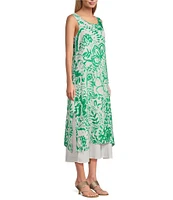 M Made in Italy Linen Paisley Scoop Neck Sleeveless Side Slit Layered Midi Shift Dress