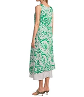 M Made in Italy Linen Paisley Scoop Neck Sleeveless Side Slit Layered Midi Shift Dress