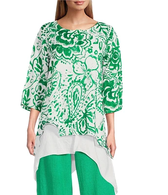 M Made in Italy Linen Scoop Neck 3/4 Sleeve Layered Shark Bite Tunic