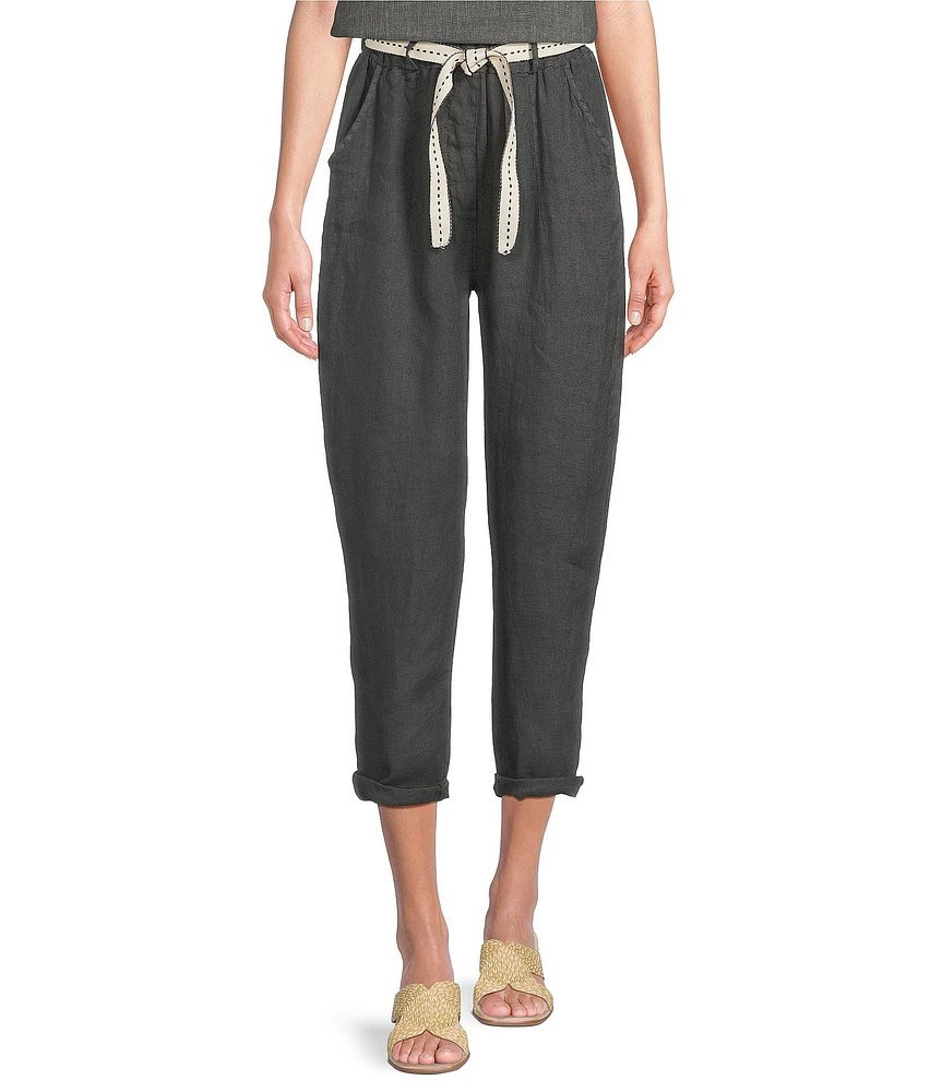 M Made in Italy Linen Side Pocket Cropped Belted Cuffed Pants