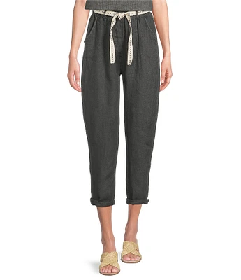 M Made in Italy Linen Side Pocket Cropped Belted Cuffed Pants
