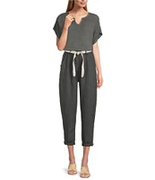 M Made in Italy Linen Side Pocket Cropped Belted Cuffed Pants