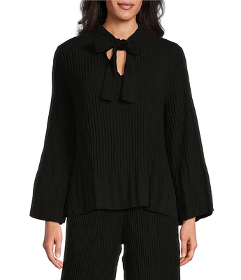 M Made In Italy Pleated Tie Neck Long Sleeve Blouse