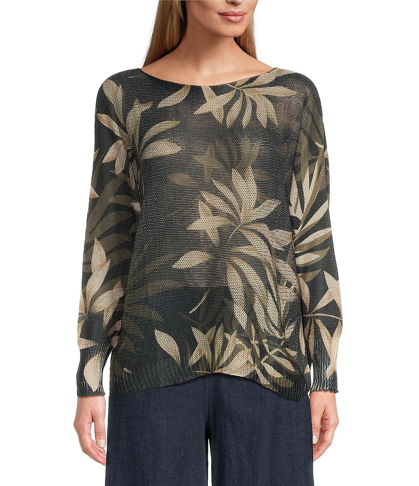 M Made in Italy Leaf Printed Scoop Neck Long Sleeve Knit Top