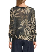 M Made in Italy Leaf Printed Scoop Neck Long Sleeve Knit Top