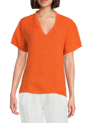 M Made in Italy Ruffle V-Neck Short Sleeve Linen Top