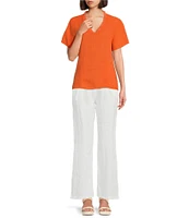 M Made in Italy Ruffle V-Neck Short Sleeve Linen Top