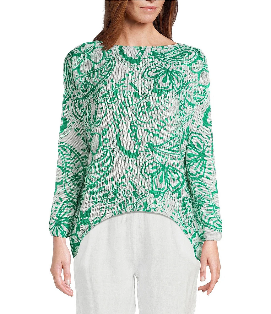 M Made in Italy Scoop Neck Long Sleeve Paisley Print Knit Top