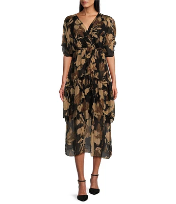 M Made In Italy Silky Printed V-Neck Elbow Sleeve Layered Maxi Dress