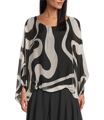M Made in Italy Silky Scoop Neckline 3/4 Sleeve Poncho Top