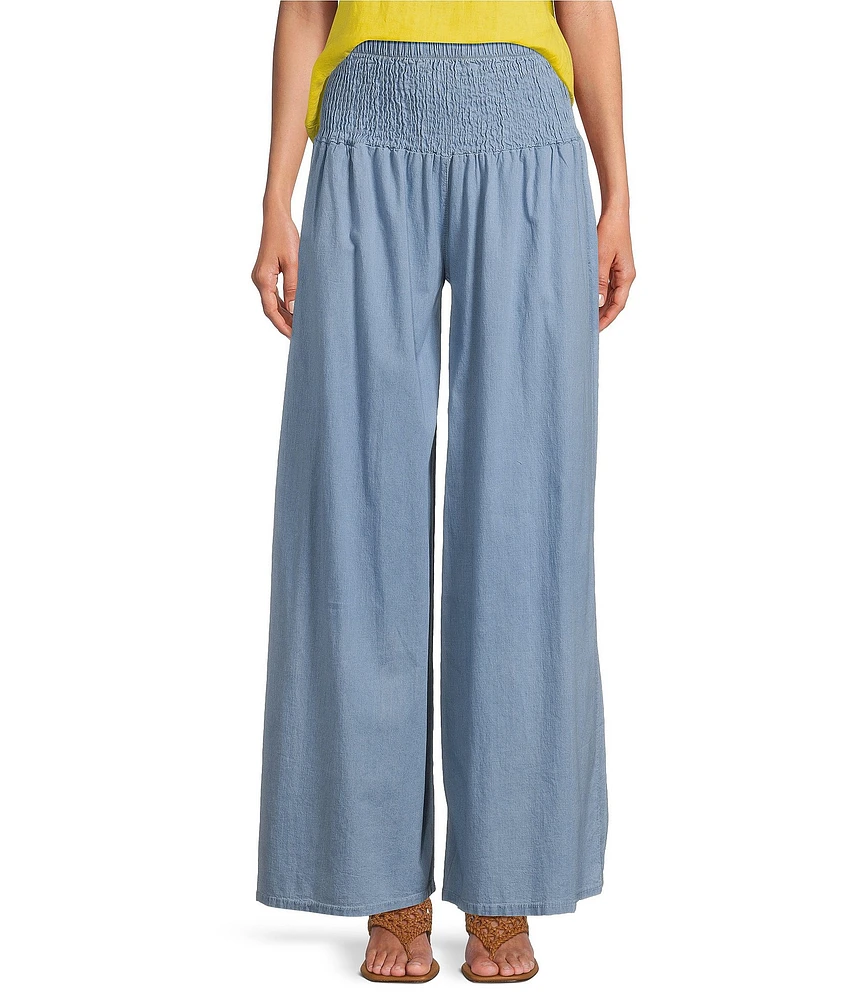 M Made in Italy Smocked Waist Wide Leg Cotton Denim Pants