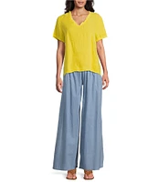 M Made in Italy Smocked Waist Wide Leg Cotton Denim Pants