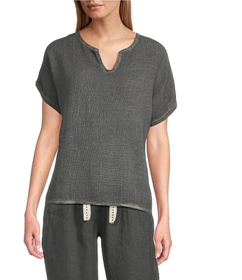 M Made in Italy Textured Linen Blend Split V-Neck Short Sleeve Top