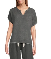 M Made in Italy Textured Linen Blend Split V-Neck Short Sleeve Top