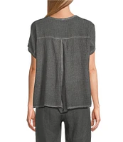 M Made in Italy Textured Linen Blend Split V-Neck Short Sleeve Top