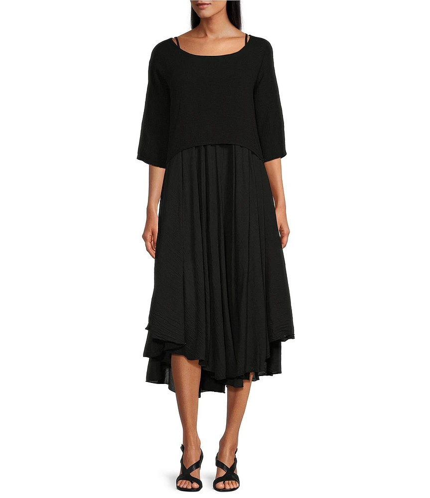 M Made in Italy Two-Piece Crew Neck Elbow Sleeve Crop Top Sun Slip Midi Dress