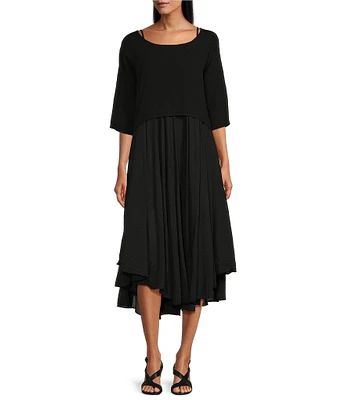 M Made in Italy Two-Piece Crew Neck Elbow Sleeve Crop Top Sun Slip Midi Dress