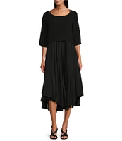 M Made in Italy Two-Piece Crew Neck Elbow Sleeve Crop Top Sun Slip Midi Dress