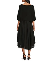 M Made in Italy Two-Piece Crew Neck Elbow Sleeve Crop Top Sun Slip Midi Dress