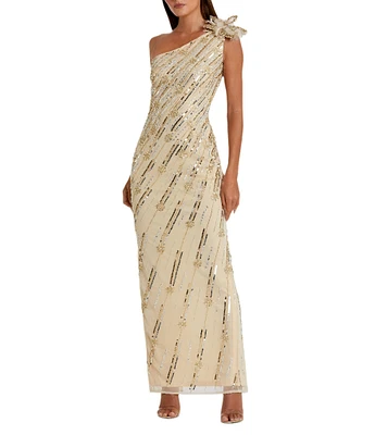 Mac Duggal 3D Floral Applique One Shoulder Embellished Column Gown