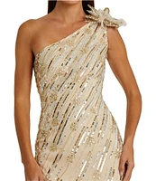 Mac Duggal 3D Floral Applique One Shoulder Embellished Column Gown