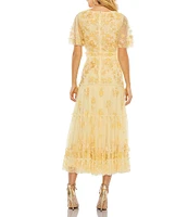 Mac Duggal 3D Floral Embellished Beaded Mesh V-Neck Flutter Sleeve A-Line Dress