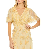 Mac Duggal 3D Floral Embellished Beaded Mesh V-Neck Flutter Sleeve A-Line Dress